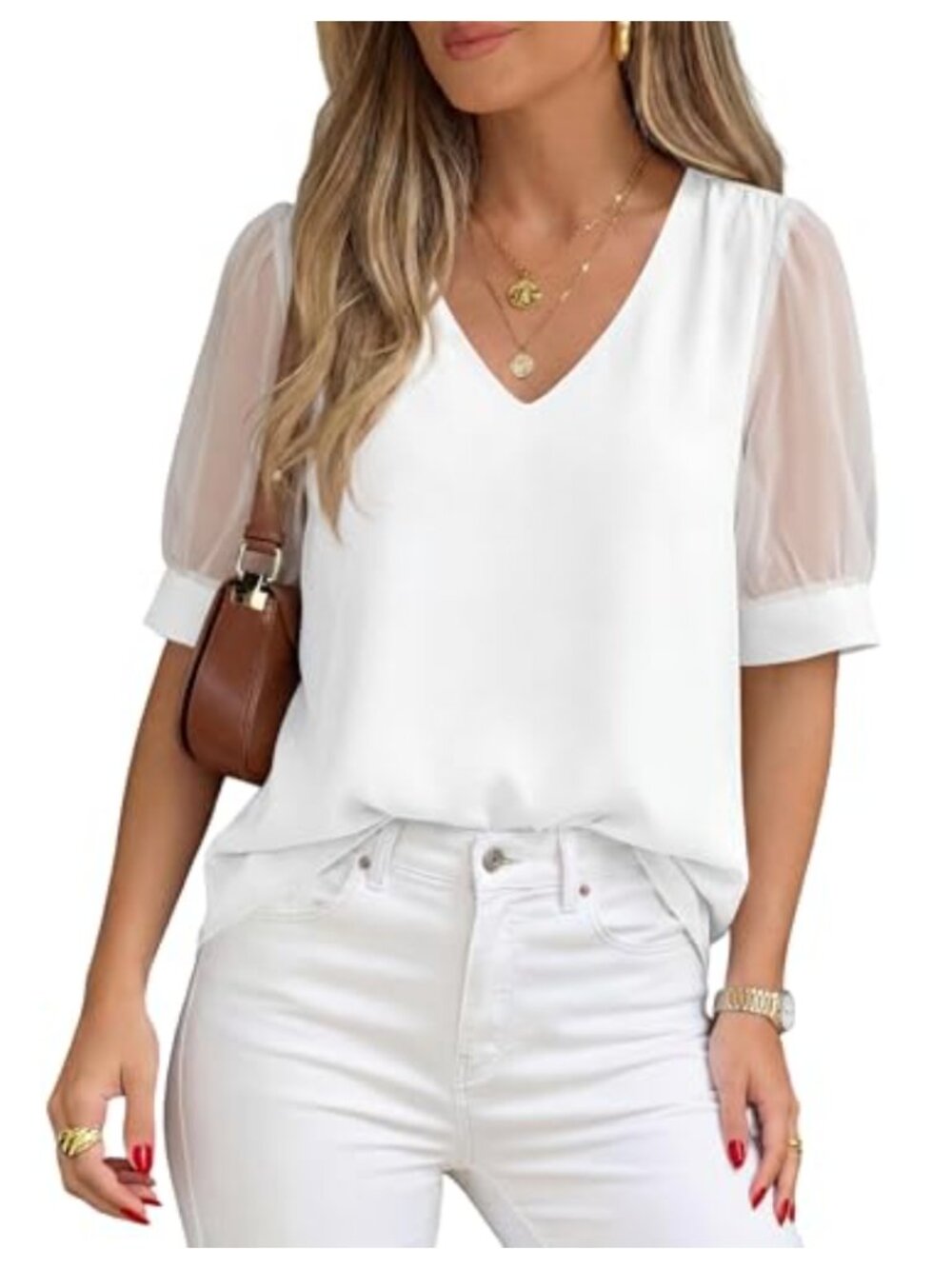 Puff Sleeve Chiffon Blouse V-Neck Short Sleeve Top Women's Dressy Casual Office